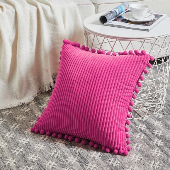 Hot Pink Corduroy Luxury Farmhouse Velvet Pompom Cute Throw Pillow Cover/CaseSet - Picture 2 of 8